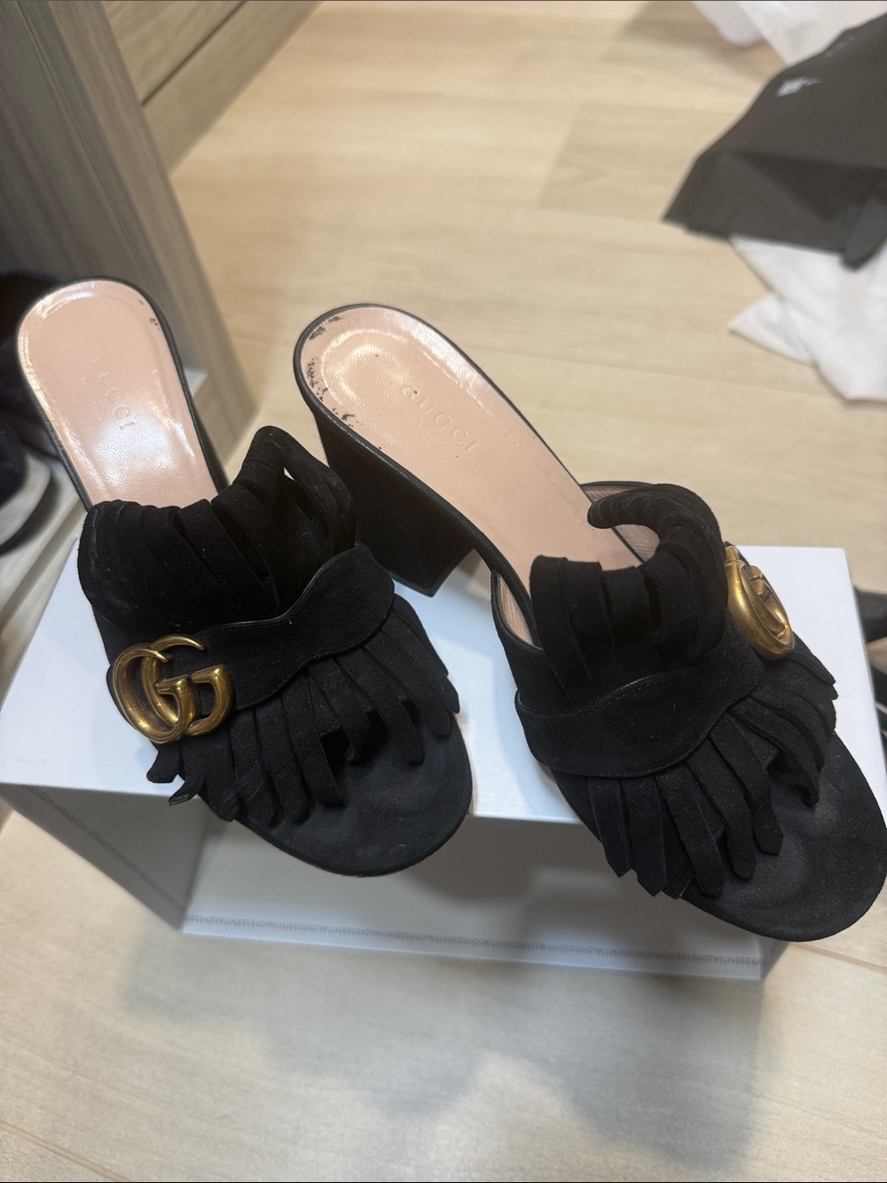 Gucci Black Suede Fringe Mules with Gold Double G